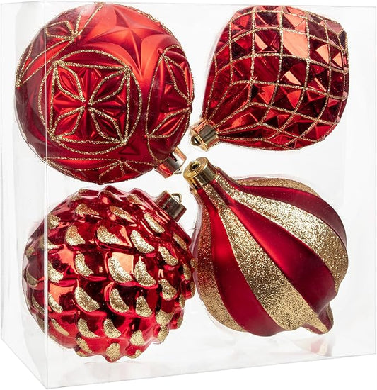 Hollyone 4.7 Inch Large Red and Gold Christmas Ornaments 4Pcs Balls Ornaments Shatterproof Christmas Hanging Ornaments for Xmas Tree Decor with Hook Wedding Party Wreath Home Decor (Red & Gold, 120mm)