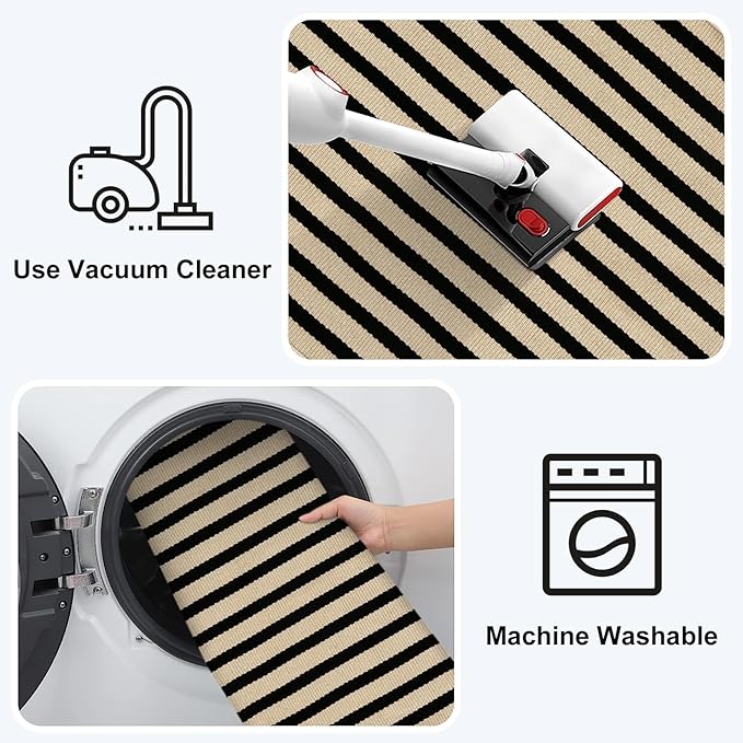 KIMODE Black and Khaki Striped Outdoor Rug 3'x 5', Washable Reversible Striped Outdoor Patio Rugs, Cotton Hand-Woven Farmhouse Welcome Layered Door Mats for Front Door, Entryway, Porch Decor