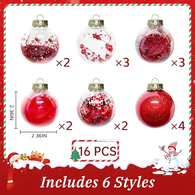 DeckTheHalls Christmas Ball Ornaments Set, 16-Piece Clear Plastic Decor for Crafts, Reusable DIY Festive Tree Decorations, Easy Hang Unbreakable Ornaments for Holiday, Party, Wedding (Red)
