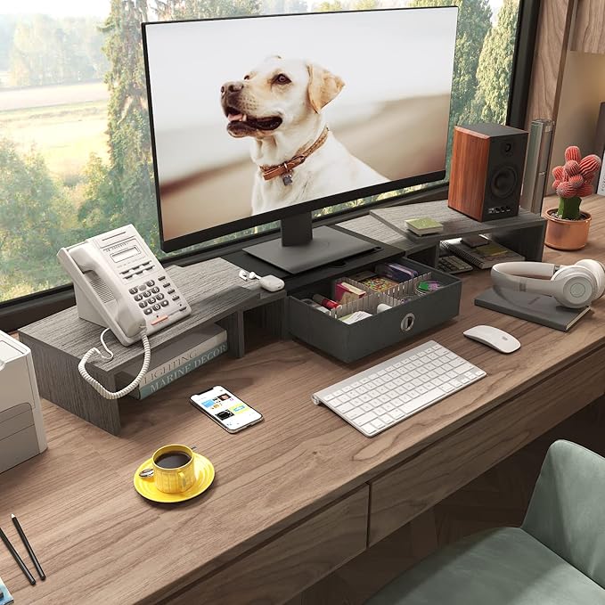 WESTREE Triple Dual Monitor Stand Riser with Drawer,Extra Large Adjustable for 2~3 Monitors,Solt for Phone & Tablet, Desktop Organizer Stand for Computer,Laptop,Printer,TV