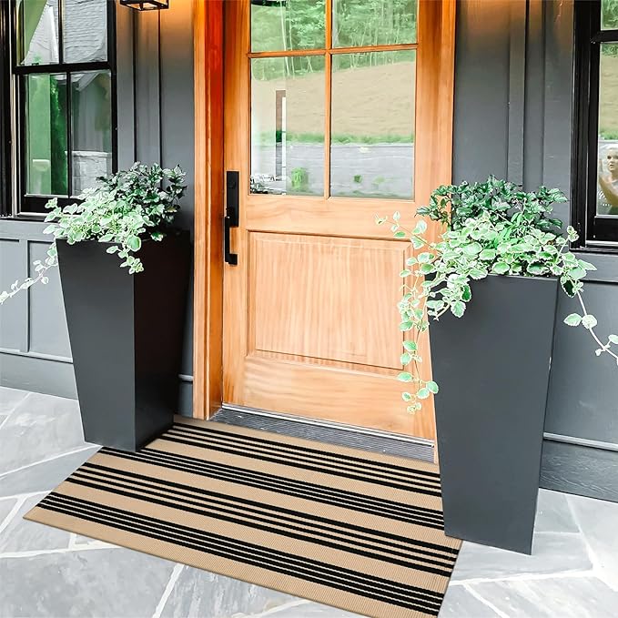 KIMODE Front Door Mats 24"x51", Black and Khaki Striped Layered Door Mats Outdoor,Machine Washable Farmhouse Front Porch Rug Decor, Spring Decorations Cotton Hand Woven Entryway Rug for Doorway