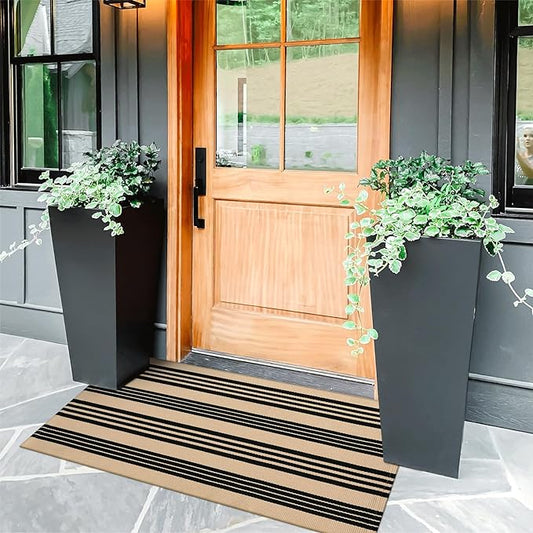KIMODE Front Door Mats 24"x51", Black and Khaki Striped Layered Door Mats Outdoor,Machine Washable Farmhouse Front Porch Rug Decor, Spring Decorations Cotton Hand Woven Entryway Rug for Doorway