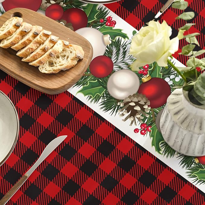 Horaldaily Christmas Tablecloth 70×70 Inch Round, Christmas Ball Ornaments Red Bufalo Plaid Washable Table Cover for Party Picnic Dinner Decor