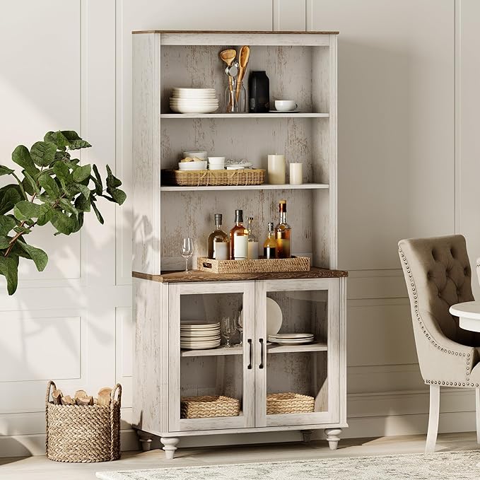 WAMPAT 5 Tier Bookshelf 72" Tall Bookcase with Glass Doors,Large Farmhouse Display Book Shelf with Adjustable Shelves and Storage Cabinet,Library Wood Bookshelves for Living Room,Kitchen, Rustic White