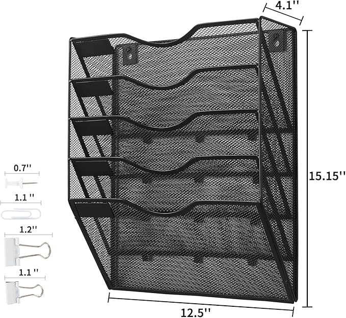Hanging Wall File Organizer with Office Assorted, 5 Pockets Mesh Wall Mounted File Folder Holder for Mail, Paper, Document, Binder, Magazine, Menu (Black)