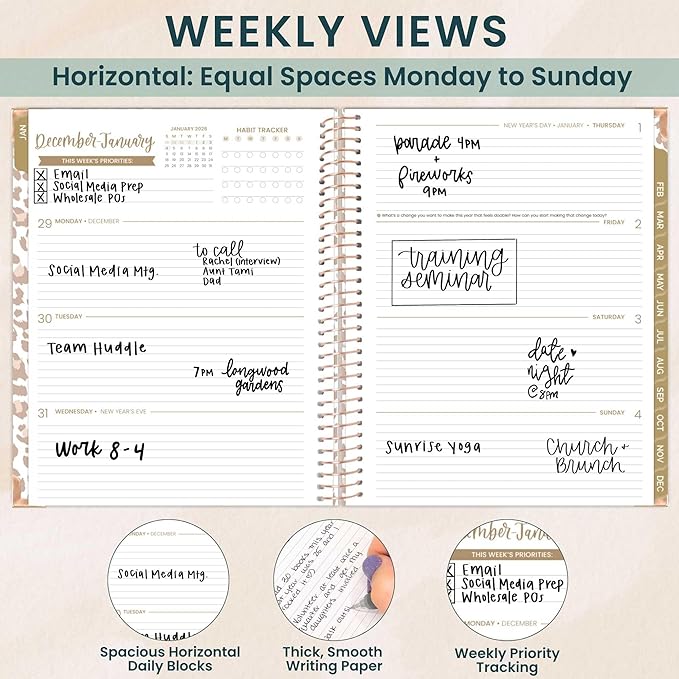 bloom daily planners HARDCOVER 2026 Planner (January to December) - 8.5” x 11” Weekly & Monthly Dated Agenda Organizer Book with Stickers & Tabs - Tan Leopard