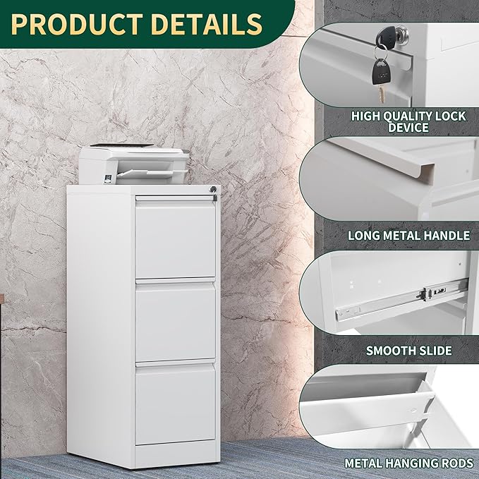 3 Drawer File Cabinet with Lock, Steel Vertical Filing Storage Cabinet for Home Office, Heavy-Duty File Cabinets for Letters/Legal/A4 (Require Assembly, White)