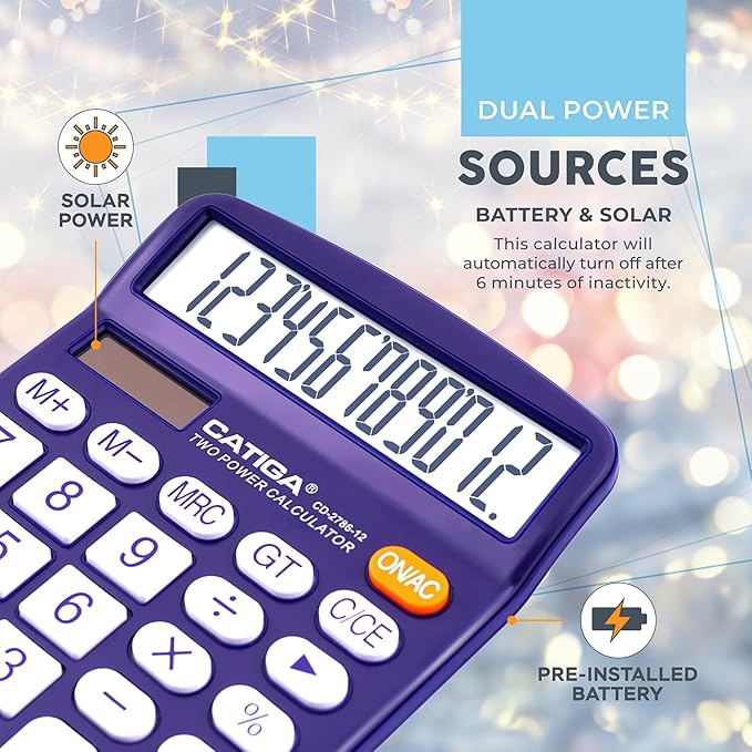 Desktop Calculator 12 Digit with Large LCD Display and Sensitive Button, Solar and Battery Dual Power, Standard Function for Office, Home, School, CD-2786 (Purple)