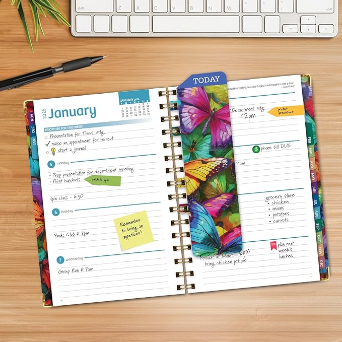 HARDCOVER 2026 Planner, 5.5"x8": 14 Months (November 2025 - December 2026), Daily Weekly Monthly Planner, Yearly Agenda, Bookmark, Pocket Folder and Sticky Note Set (Colorful Butterflies)