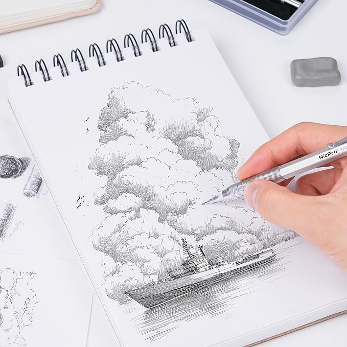 Nicpro 35PCS Silver Metal Mechanical Pencils Set in Case, Art Drafting Pencil 0.5, 0.7, 0.9 mm & 3PCS 2mm Graphite Lead Holder for Drawing Sketching With 20 Tube Lead Refills(6B 4B 2B HB 2H 4H Colors)