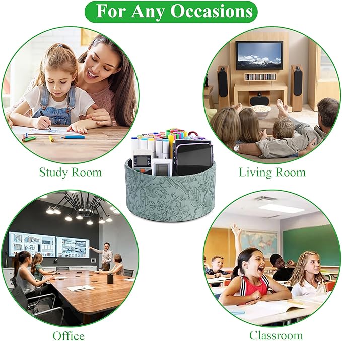 Hennaja Remote Control Holder, 360°Spinning PU Leather Desk TV Remote Caddy,Desk Storage Box Room Accessories for Controller, Media,Mail,Calculator, Mobile Phone,Pencil(1-Carved Green2)