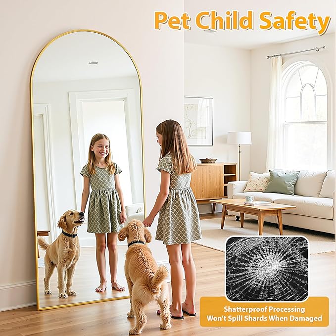 Full Length Mirror, 59"x18" Oversized Floor Mirror Freestanding, Full Body Mirror Floor Standing Mirrors with Stand, Hanging Mounted Mirrors for Bedroom Living Room, Gold, Arched Style