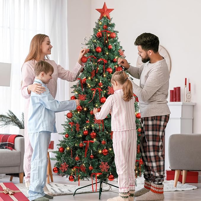 86Pcs Led Light Red Christmas Tree Decorations Set 100 Led Light Christmas Star Trees Topper with String Lights Xmas Balls Snowflakes Ornaments Bows Xmas Trees Decor 20m Light String