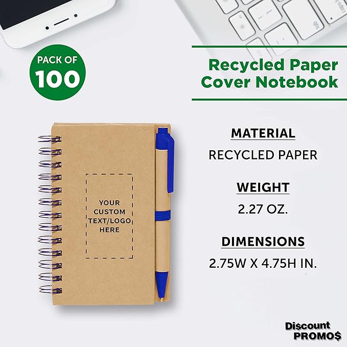 Custom Mini Spiral Notebooks with Black Ink Pens Set of 100, Personalized Bulk Pack - Perfect for School, Office, Business, Home - Blue