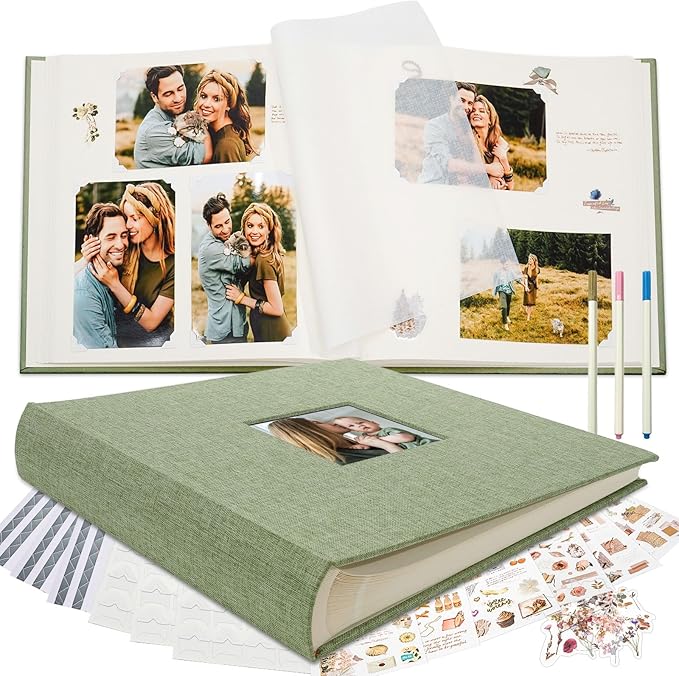Vienrose Premium Scrapbook Photo Album with Writing Space 12"x12", DIY Scrapbook Album with 60 Pages, Large Photo Book for Baby Family Travel Vacation, Grass Green