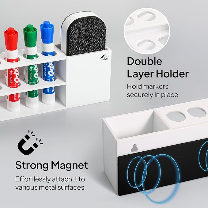 Slim Magnetic Dry Erase Marker Holder for Whiteboard, Space Saving Pen Organizer with Glass and Wall Mount Accessories for Fridge, Office, and School. Markers, Eraser, Cleaner Not Included (White)