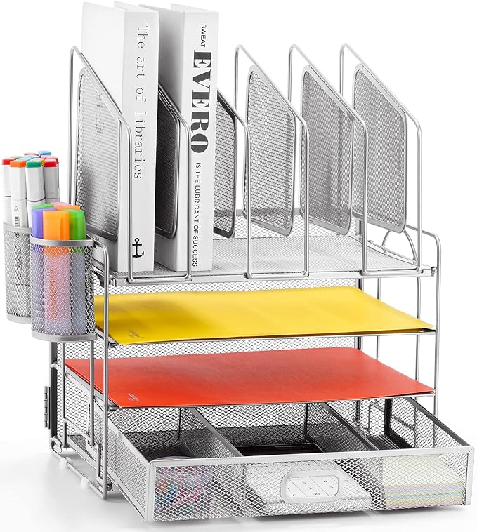 Marbrasse Desk Organizers, 4-Tier Mesh Desk File Organizer with 5 Vertical File Holders and 2 Pen Holders, Multifunction Desktop Organizer,Desk Organizers and Accessories for Home Office (Silver)