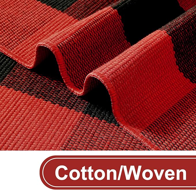 KIMODE Buffalo Plaid Outdoor Rug Red and Black 24"X51",Washable Christmas Front Door Mat,Reversible Cotton Hand-Woven Layering Rug for Front Porch Christmas Decor,Entryway,Kitchen