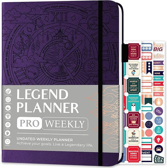 Legend Planner PRO – Deluxe Weekly & Monthly Life Planner to Increase Productivity and Hit Your Goals. Time Management Organizer Notebook – Undated – 7 x 10" Hardcover + Stickers – Dark Purple