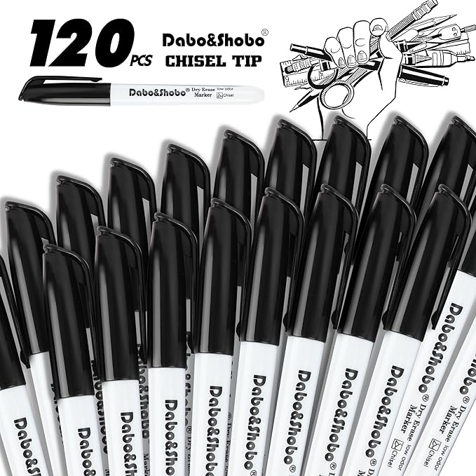 Dabo&Shobo Dry Erase Markers Bulk, 120 Count Black Whiteboard Markers, Low Odor Dry Erase Markers, Chisel Tip, Suitable for School, Office, or Home