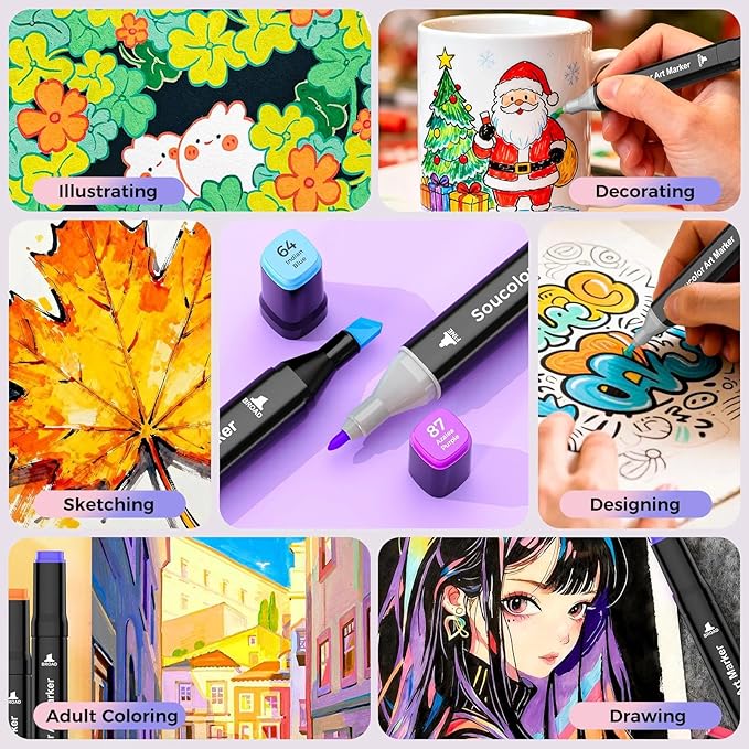 Soucolor Alcohol Markers 320 Colors with Case & Holders, Dual Tips Chisel & Fine Art Markers for Adult Coloring Kids Drawing, Artist Markers Art Supplies for Blending Sketching