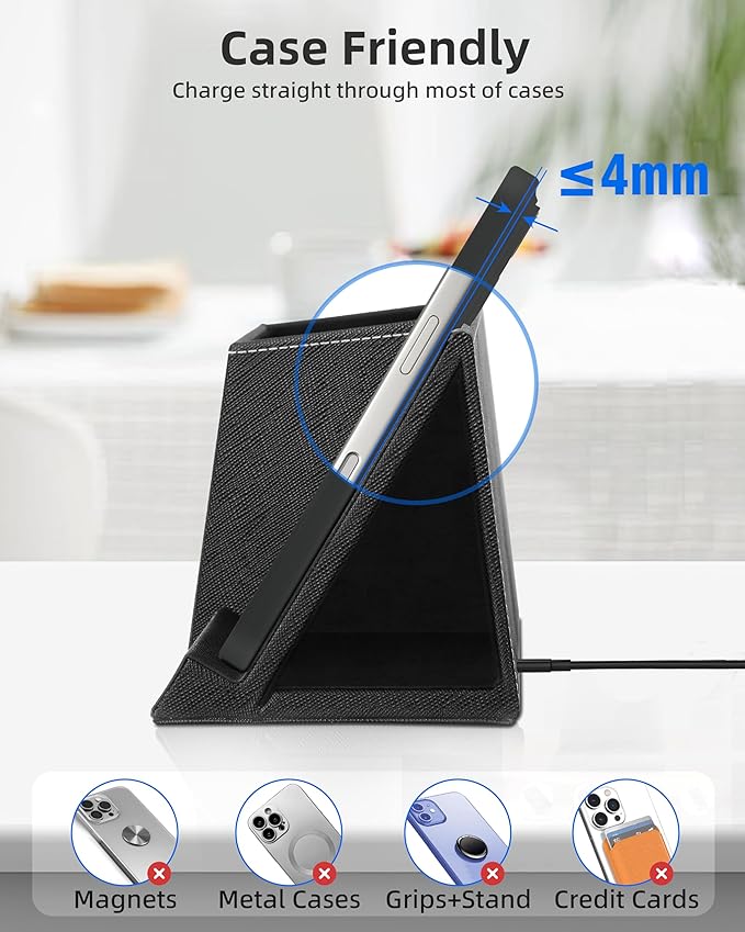 Pen Holder with Wireless Charger, PU Leather Pencil Holder for Desk, Multi-Functional Desktop Organizer, Desk Organizers and Accessories for Home School Office Supplies, Black