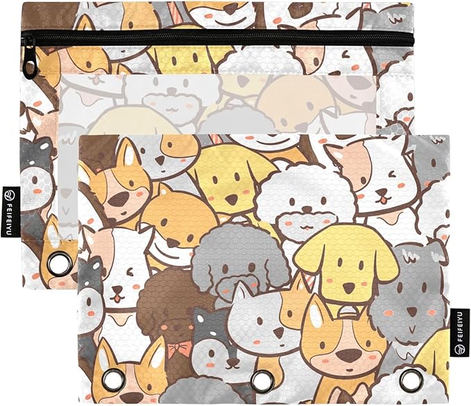 ZAZYXTJ Personalized Cute Dog Binder Pencil Pouchs 3 Ring with Zipper Clear Window Office Organizers bag for School Students Teacher Supplies 2 Pack