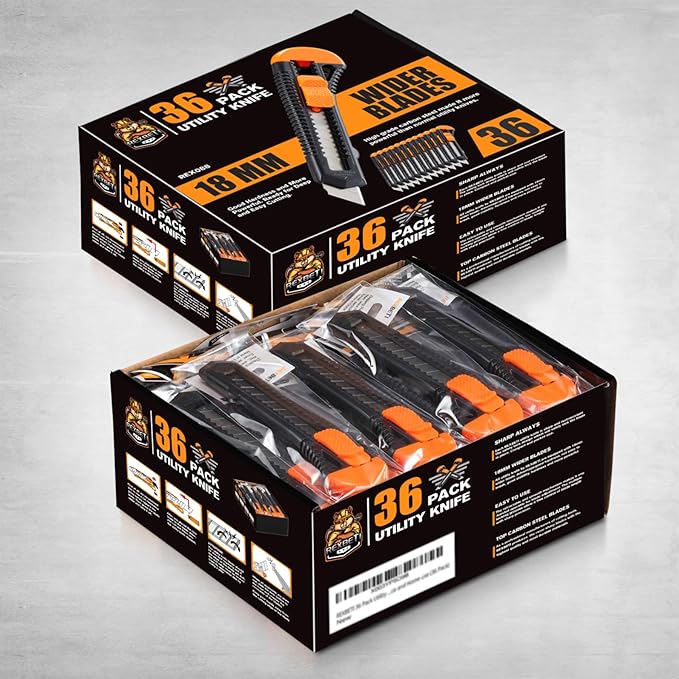 REXBETI Utility Knife, Retractable Box Cutter for Cartons, Cardboard and Boxes, 18mm Wider Razor Sharp Blade, Smooth Mechanism, Perfect for Office and Home use (72 Pack)