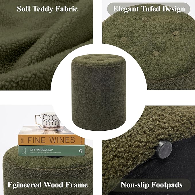 Modern Round Ottoman, Button-Tufted Foot Stool Ottoman, Teddy Fleece Upholstered Vanity Stool for Makeup, Bedroom, Living Room, Dark Green