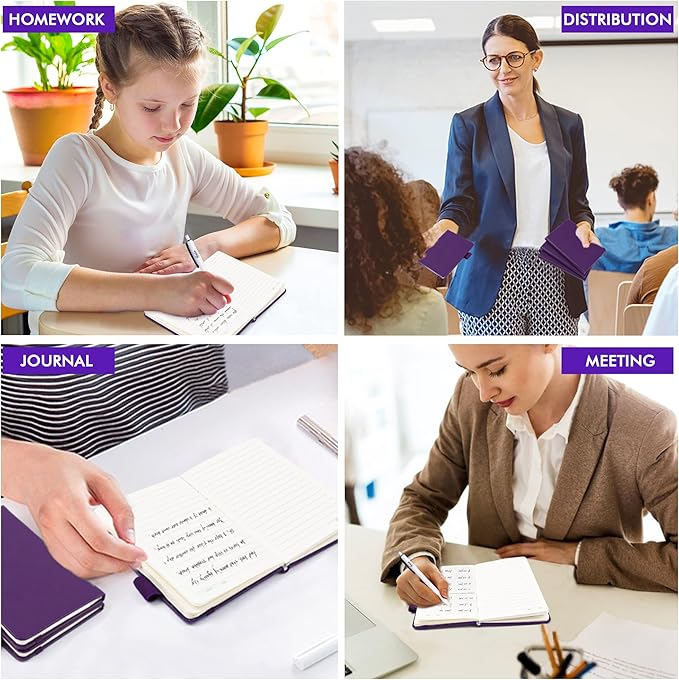 feela 6 Pack Pocket Mini Notebooks Bulk, Small Cute Memo Notepads Hardcover College Ruled Lined Journals with Pen Holder for School Business Work, with 6 Black Pens, 3.5”x 5.5”, A6, Purple
