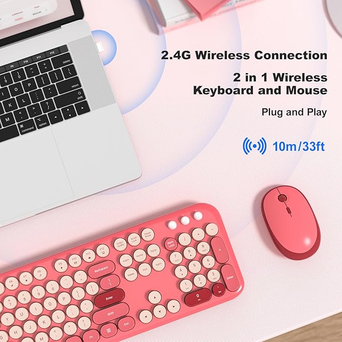 MOFII Wireless Keyboard and Mouse Combo, Cute Keyboard Full Size and Wireless Mouse, 2.4GHz Retro Typewriter Keyboard Wireless Mouse Set for PC/Desktop/Laptop/Windows (Hot Pink)