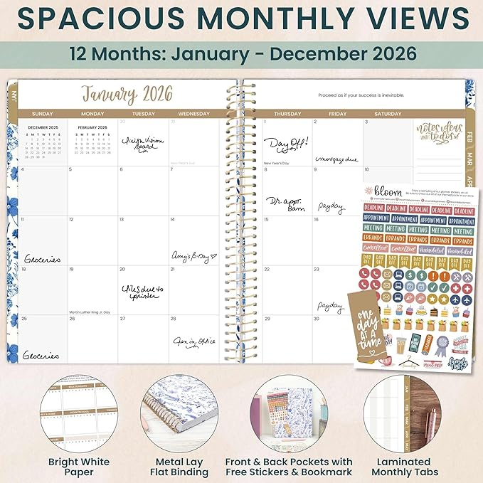 bloom daily planners 2026 Planner (January to December) - 8.5” x 11” Weekly & Monthly Dated Agenda Organizer Book with Stickers & Tabs - Flexible Soft Cover - Blue & White Floral