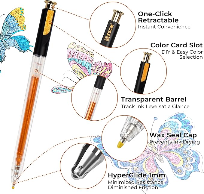 Retractable Super Glitter Gel Pens, 12 Colors Large Capacity Metallic Sparkle Gel Ink Pens, 1 mm Fine Point Smooth Writing Color Pen for Adult Coloring Book Note Taking Aesthetic Art Supplies