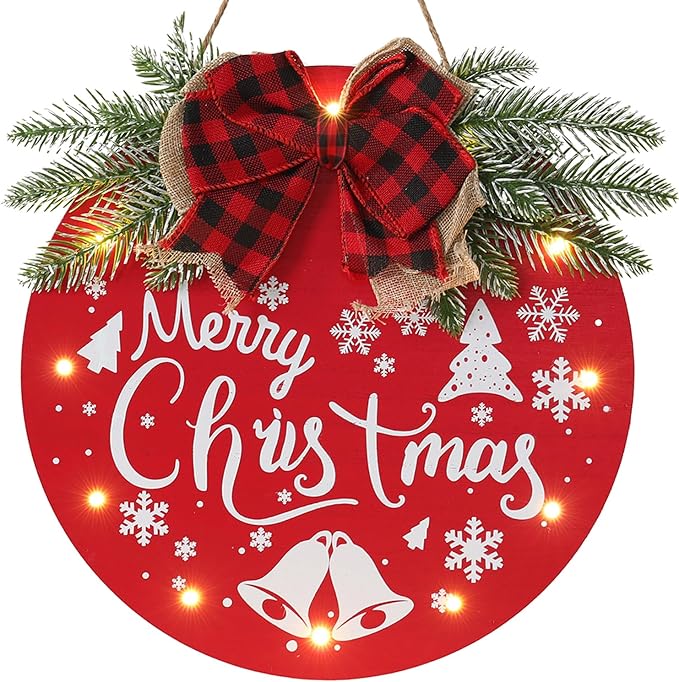 HOMCDALY Merry Christmas Welcome Sign for Front Door, Red X-mas Sign with Light, Holiday Door Decoration Wooden Hanging Sign, Christmas Decoration, Wall Art, Wall Decor(Red)