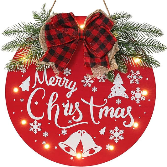 HOMCDALY Merry Christmas Welcome Sign for Front Door, Red X-mas Sign with Light, Holiday Door Decoration Wooden Hanging Sign, Christmas Decoration, Wall Art, Wall Decor(Red)