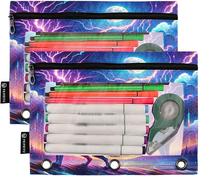 Wolf Howling in Moon Night Pencil Pouch for 3 Ring Binder, 2 Pack Waterproof Pencil Bags Clear Window Zipper School Office Supplies