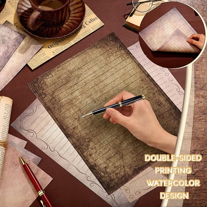 TaoBary 160 Pcs Stationery Paper Set 50 Double Sided Stationery Papers with 50 Matching Envelopes and 60 Round Dot Sticker, 10 Design(Vintage,8.5 x 11 Inch)