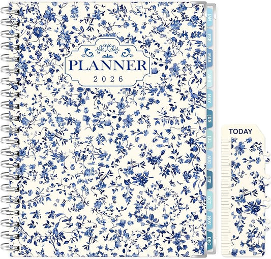 GuassLee Large 2026 Planner, Weekly and Monthly Planner from January 2026-December 2026, 8.5"x 11" Calendar Agenda Book with Back Pocket, Stickers for Home Office School Supply, Blue Floral, A4 Size