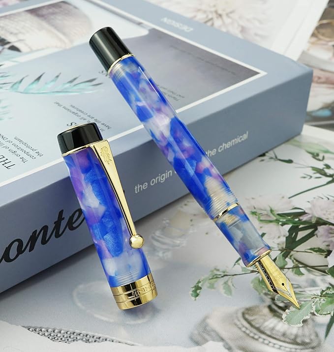 Jinhao 100 Fountain Pen Celluloid Classic Style, #6 Nib Smooth Writing Instrument with Refillable Converter and Pen Case Set