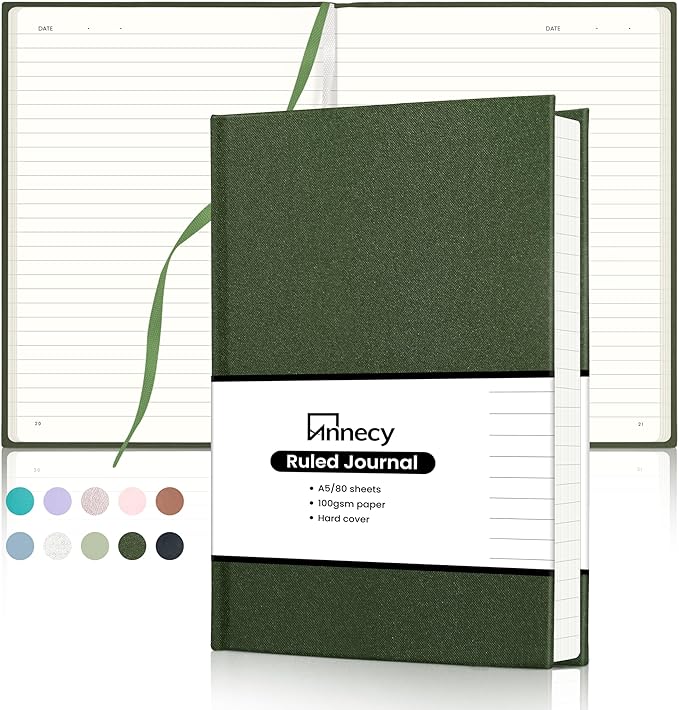 Annecy Lined Journal Notebook, Hardcover Leather Journal for Women & Men, 160 Numbered Pages, Medium 5.5" x 8.25", 100 GSM Thick Paper, Deep Green