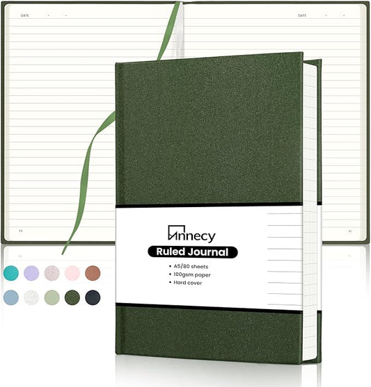 Annecy Lined Journal Notebook, Hardcover Leather Journal for Women & Men, 160 Numbered Pages, Medium 5.5" x 8.25", 100 GSM Thick Paper, Deep Green
