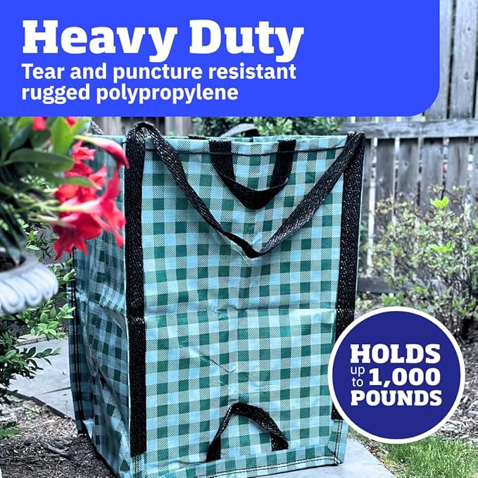 DURASACK Heavy Duty Home and Yard Bags 48-Gallon Reusable Self-Standing Lawn and Leaf Bags Garbage Can with Reinforced Handles, Gingham Green
