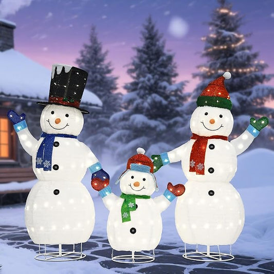 62"/60"/35" Large 3D Pop-Up Snowman Set, Lighted Snowman Family Outdoor Christmas Decor with 250 Warm White LEDs, Ground Stakes, Holiday Lawn Yard Garden Decorations, Set of 3