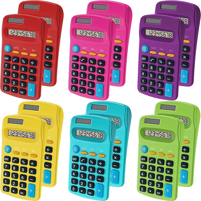 12 Pieces Pocket Calculator,Pocket Size Mini Calculators,8 Digit Display Basic Calculator,Solar Battery Dual Power Desktop Calculators for Students Kids Home Office (Multicolor, 12 Pieces)