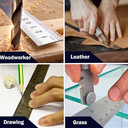 Metal Ruler with Cork Backing: 6+12 Inch Stainless Steel Non-Slip Ruler with Inch and Centimeters