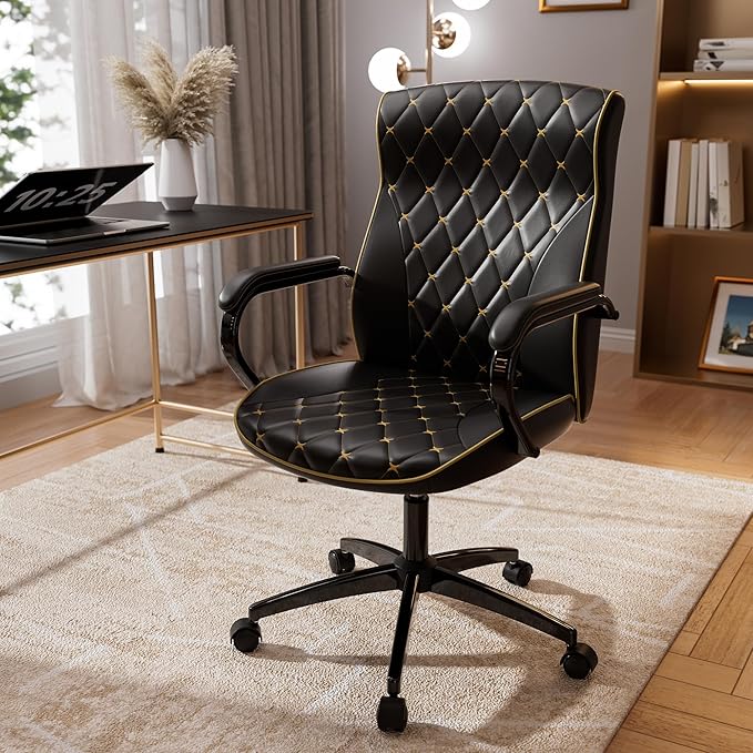 Black Office Chair with Soft Leather Embroidery, Mid Back Vintage Swivel Executive Desk Chair with Wheels and Padded Arms, Adjustable Height