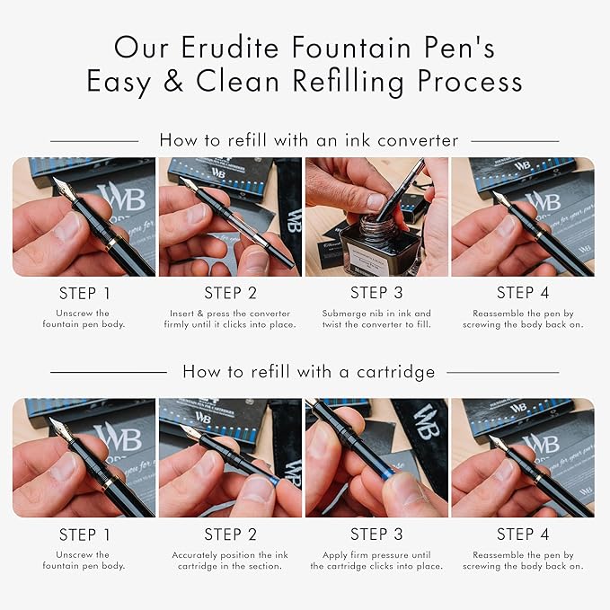 Wordsworth & Black Fountain Pen Set, 18K Gilded Medium Nib, Includes 24 Pack Ink Cartridges, Ink Refill Converter & Gift Pouch, Gold Finish, Calligraphy, [Black Gold], Perfect for Men & Women