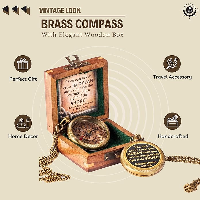 Brass Compass with Wooden Box - Graduation Gifts, Pirate Accessories & Baptism Gift For Boys, Steampunk Travel Decor Compasses For Missionary, Inspirational and Sentimental Compass