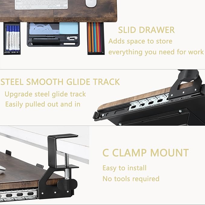 ETHU Keyboard Tray Under Desk, Ergonomic Corner Keyboard Tray with 180° Adjustable C Clamp for L Shape Desk 26.77" X 12.2" Easy to Install, Computer Keyboard Stand for Home and Office(Wood)