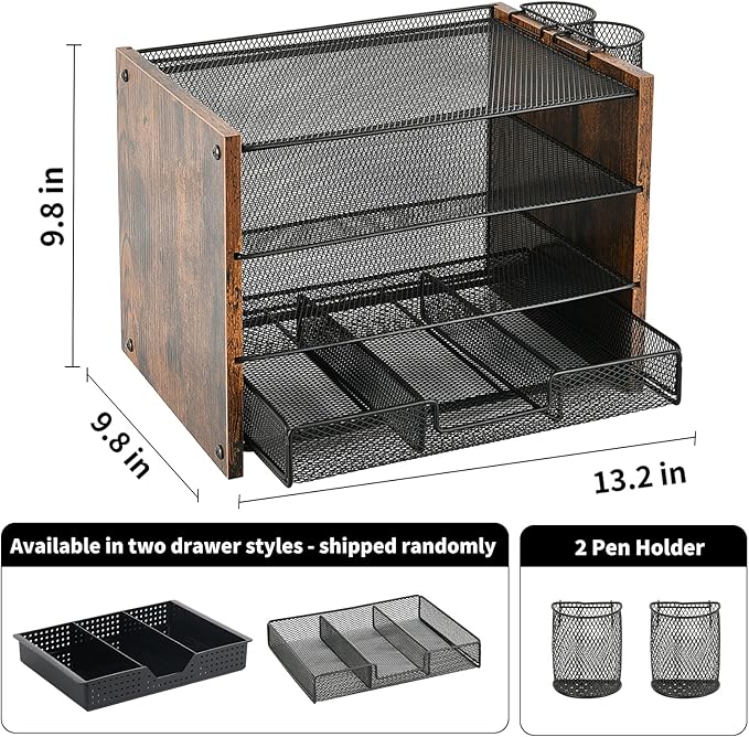 OPNCIE Desk Organizer and Accessories, 4-Tier Paper Letter Tray File Organizer with Drawer & 2 Pen Holder, Office Desk Accessories Workspace Desktop Organizer for Office Supplies(Brown)
